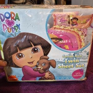Dora Puppy Kids Twin Sheet Set - Pink and Blue Nickelodeon